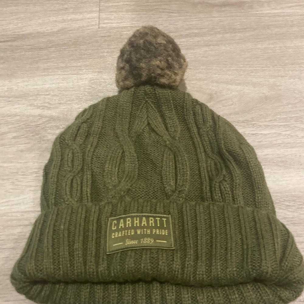 Carhartt Olive Cable Knit Beanie with Pom